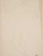 Femme nue aux bras ouverts, aux jambes fléchies et croisées