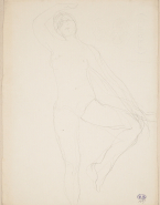 Femme nue debout, de face, jambe gauche et bras droit levés