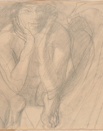 Femme nue accroupie, de face, la tête entre les mains