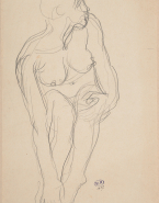 Femme nue, assise de face, se tenant un genou et un pied