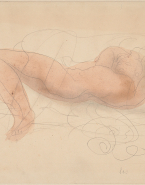 Femme nue allongée, de profil à gauche, les bras repliés derrière la tête