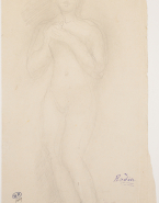 Femme nue debout aux mains jointes devant la poitrine