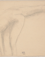 Femme nue penchée en avant vers la gauche, les mains au sol, une jambe levée