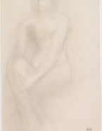 Femme nue assise vers la gauche, mains croisées contre un genou