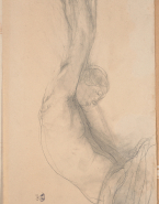 Torse de femme nue, de profil à droite, les bras dressés au-dessus de la tête