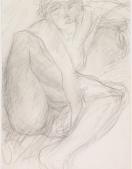 Femme nue assise, une jambe passée sous le bras droit
