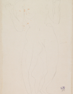 Femme nue debout, de face, les mains aux épaules