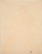 Femme nue assise aux mains jointes et aux jambes écartées