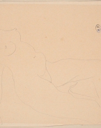 Femme nue allongée, de profil à droite, appuyée sur les mains vers l'arrière