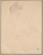 Femme nue assise de face ramenant contre elle une jambe
