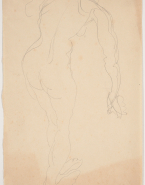 Femme nue de dos, penchée en avant, un bras pendant