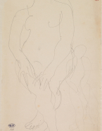 Femme nue debout, de face, jambes croisées, mains sur la cuisse