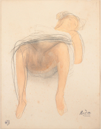 Femme allongée, de face, aux vêtements retroussés sur ses jambes écartées
