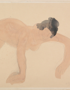 Femme nue à quatre pattes, de trois-quarts vers la droite