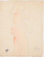 Femme nue debout, de profil vers la droite, une main au cou