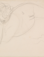 Femme nue allongée sur le ventre, accoudée au sol, une main au menton