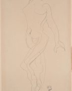 Femme nue debout, tournée vers la gauche, une jambe pliée, les bras en arrière