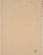 Femme nue de face, penchée en avant, une jambe soulevée