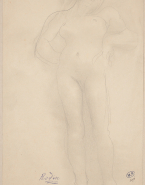 Femme nue, debout, de face, les mains aux hanches