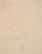 Femme nue allongée vers la gauche, jambes repliées, mains à la nuque