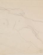 Femme nue de face, un genou en terre, en appui sur le bras gauche