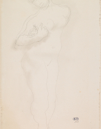 Femme nue debout tournée vers la droite, une main près d'un sein