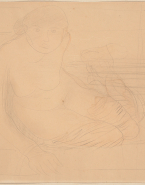Femme nue assise sur le côté, appuyée sur une main