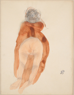 Femme nue agenouillée, de dos, le vêtement relevé jusqu'à la taille