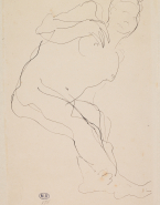 Femme nue à demi allongée, de profil vers la droite, pieds croisés