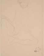 Femme nue assise de face en tailleur, penchée vers la droite