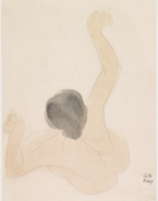 Femme nue assise, de dos et les bras levés