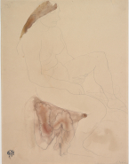 Femme nue assise vers la droite, une main sous une cuisse