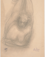Femme nue de face allongée sur le ventre et appuyée sur les avant-bras