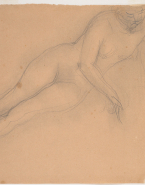 Femme nue à demi allongée sur le côté, appuyée sur les deux mains
