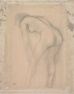 Femme nue de dos, penchée en avant les mains aux genoux