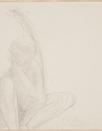 Femme nue assise de face, un coude entre les jambes écartées