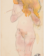 Femme nue debout, les mains à sa chevelure dénouée