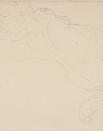 Femme nue allongée vers la droite, bras et jambes repliés ; Deux esquisses d'un corps allongé de profil (au verso)