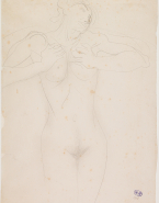 Femme nue debout, de face, se pressant les seins
