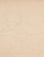 Femme nue sur le ventre, dressée sur un bras, l'autre est levé