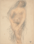Femme nue assise aux mains posées sur ses jambes croisées