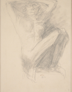 Femme nue assise vers la droite, jambes repliées, bras au-dessus de la tête