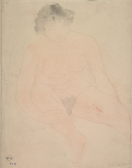 Femme nue assise, une main sur une jambe repliée