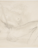 Femme nue sur le dos, de face, les mains au sexe et les jambes soulevées