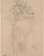 Femme nue assise, de face, un vêtement sur les épaules