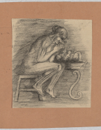 Femme nue de profil, assise sur un tabouret devant un enfant allongé sur une table