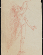 Femme nue debout, courant vers la droite peignant ses cheveux longs