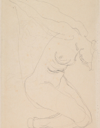 Femme nue à demi allongée, de profil à droite, appuyée sur les mains, jambes repliées