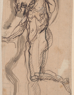 Homme nu de profil à gauche, en suspens sur une jambe ; Composition illisible (au verso)