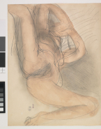 Femme nue sur le dos et de face, bras et jambes repliés et écartés